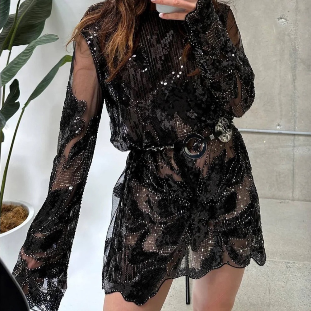 NWT 12th Tribe Black Sequin Long Sleeve Dress